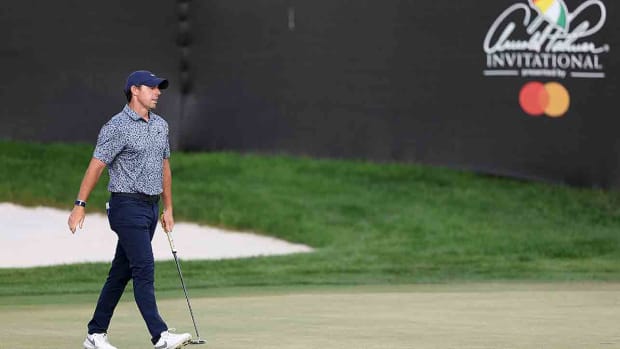 Rory McIlroy reacts to missed putt for birdie on the 18th green during the final round of the 2023 Arnold Palmer Invitational presented by Mastercard at Arnold Palmer Bay Hill Golf Course in Orlando, Fla.